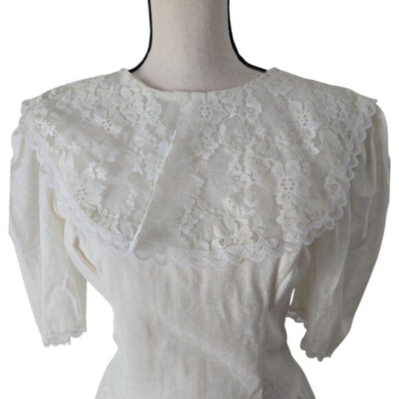 70s/80s Jessica Mcclintock Gunne Sax Creamy White Floral Print Lace Dress 8 - Picture 9 of 16